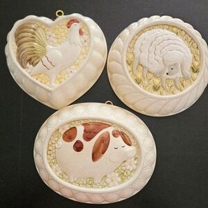 3 Set Himark Vtg Ceramic Farmhouse Wall Hanging Molds Rooster Lamb‎ Pig Country